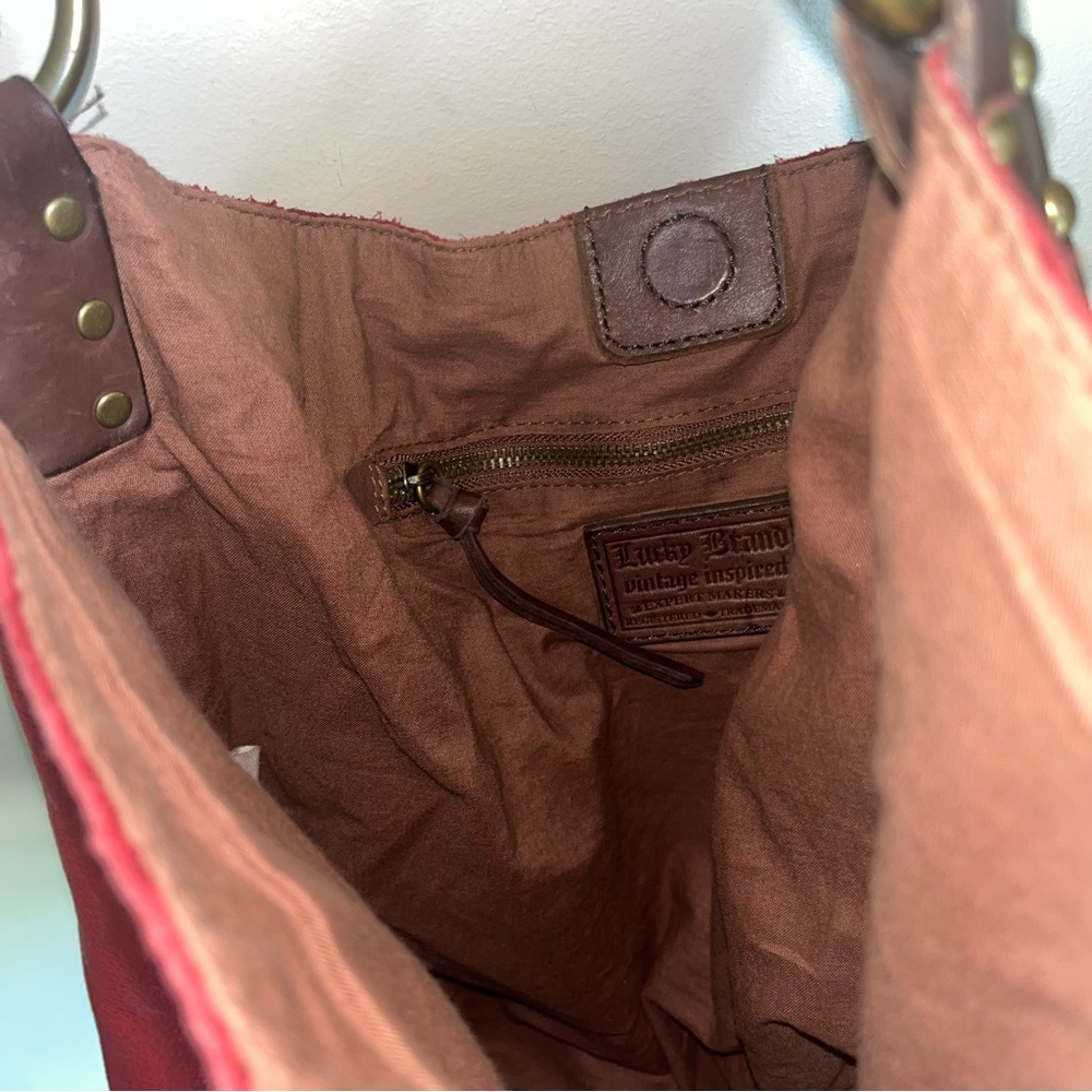 Lucky Brand Vintage Inspired Penny Whipstitch Red Leather Hobo Shoulder Bag - Picture 9 of 10